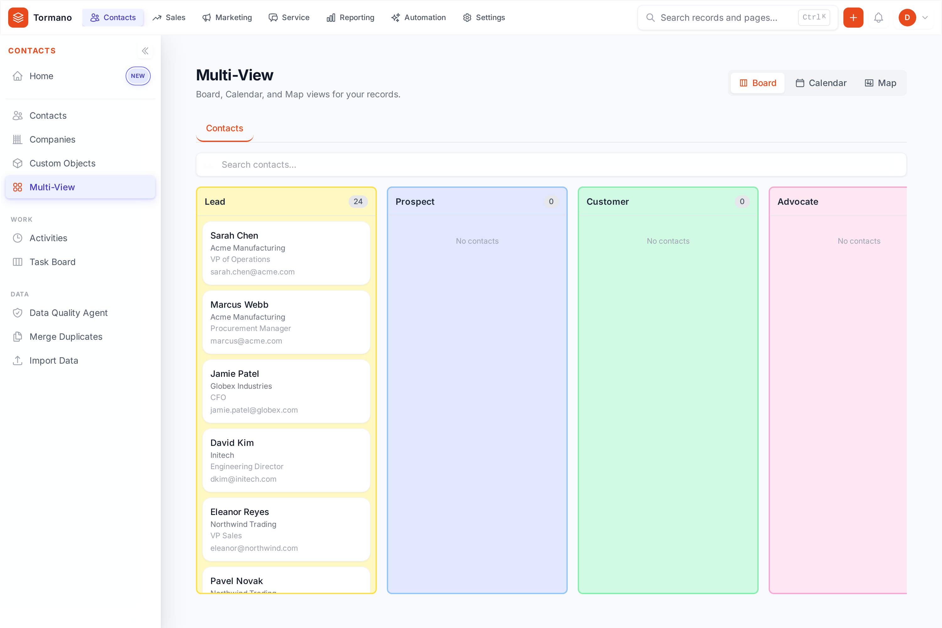 Tormano Multi-View Board on Contacts with 4 lifecycle columns: Lead, Prospect, Customer, Advocate