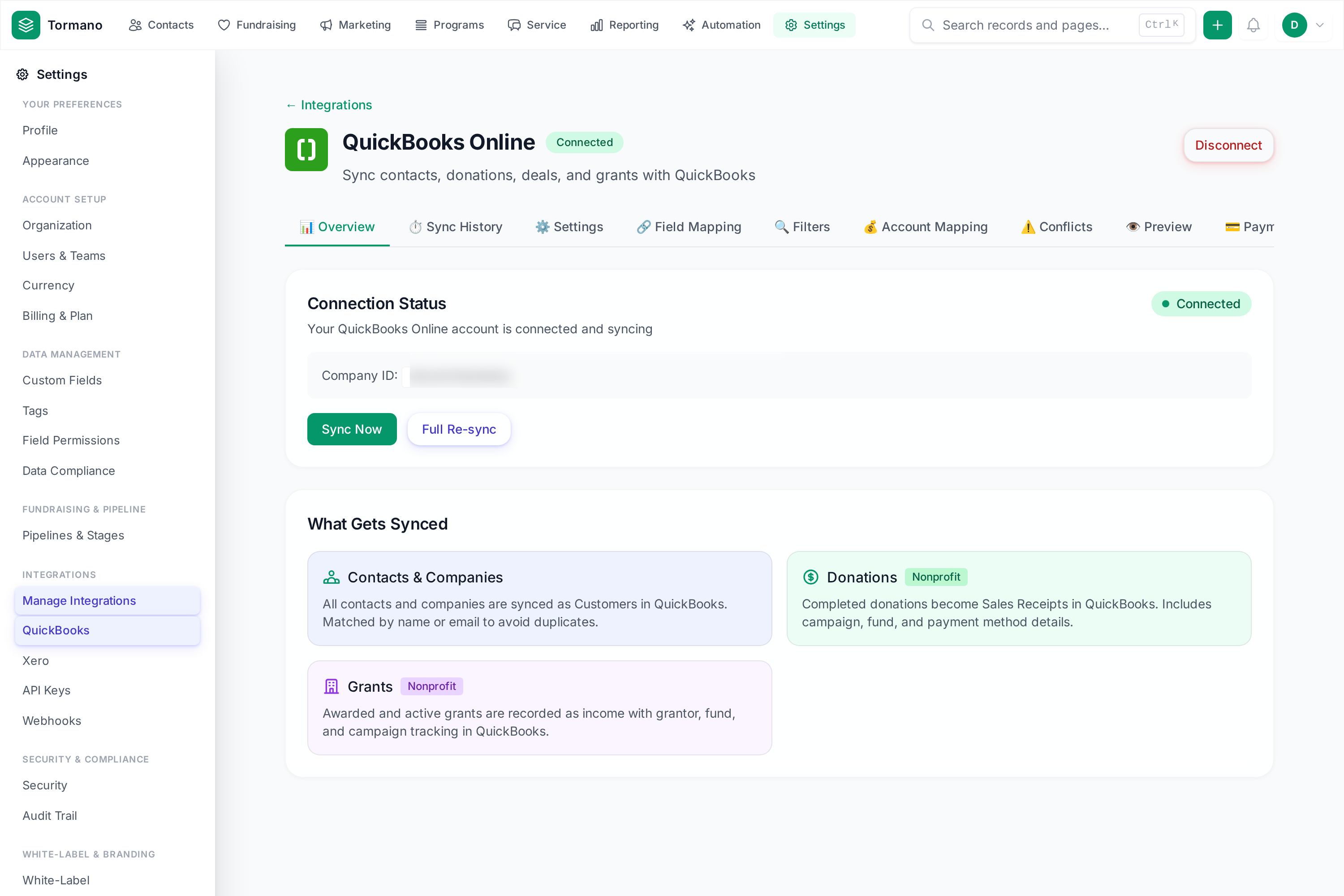Tormano integrations page showing QuickBooks Online connected with green status badge