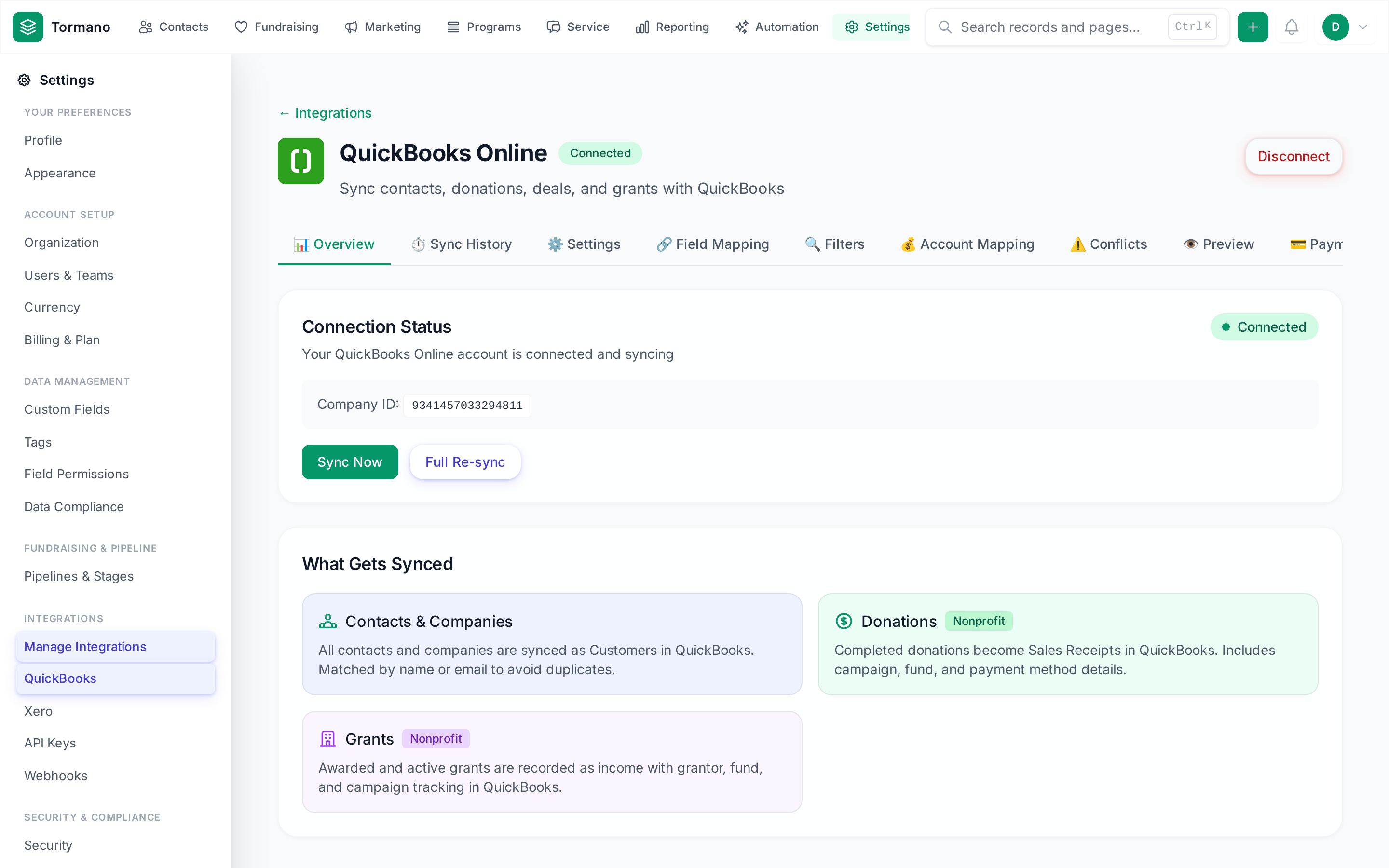 Tormano Settings, Integrations, QuickBooks panel showing Connection Status, Sync Now, Full Re-sync, and What Gets Synced cards